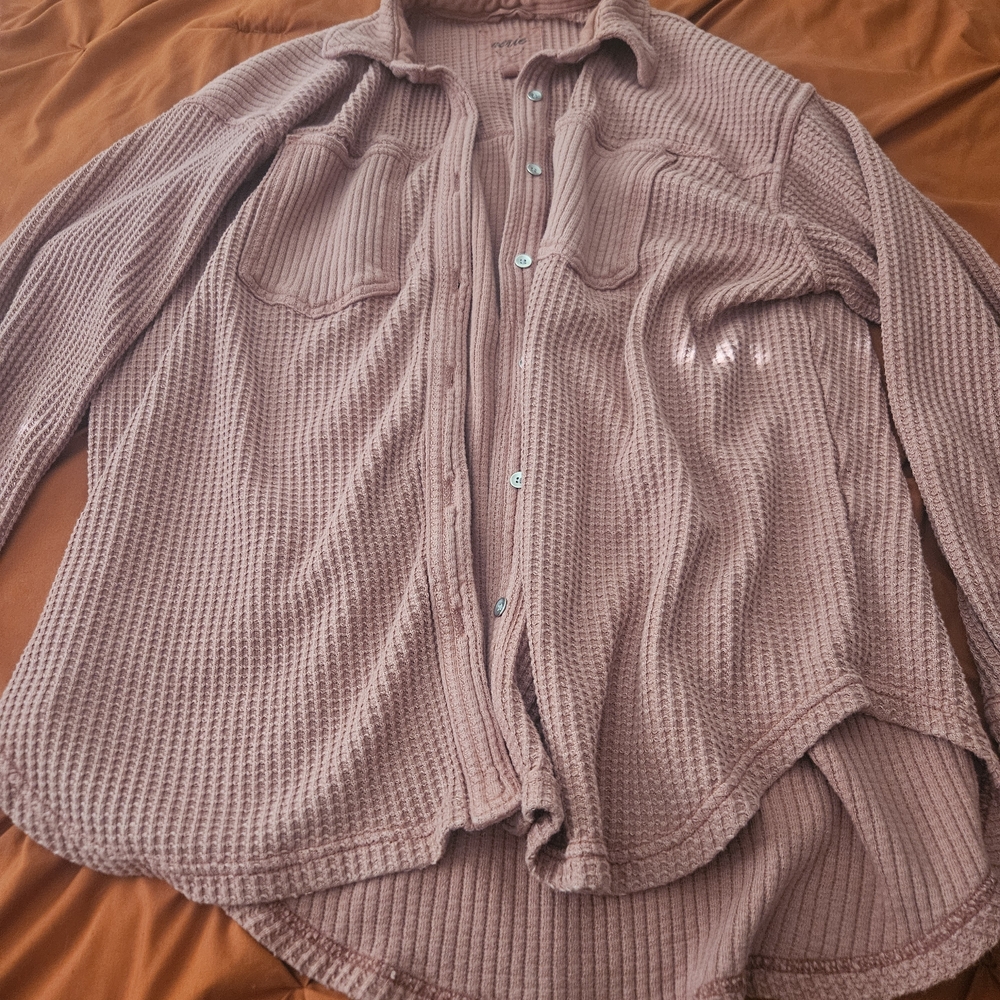 aerie Mauve Waffle-Knit Button-Down Shirt